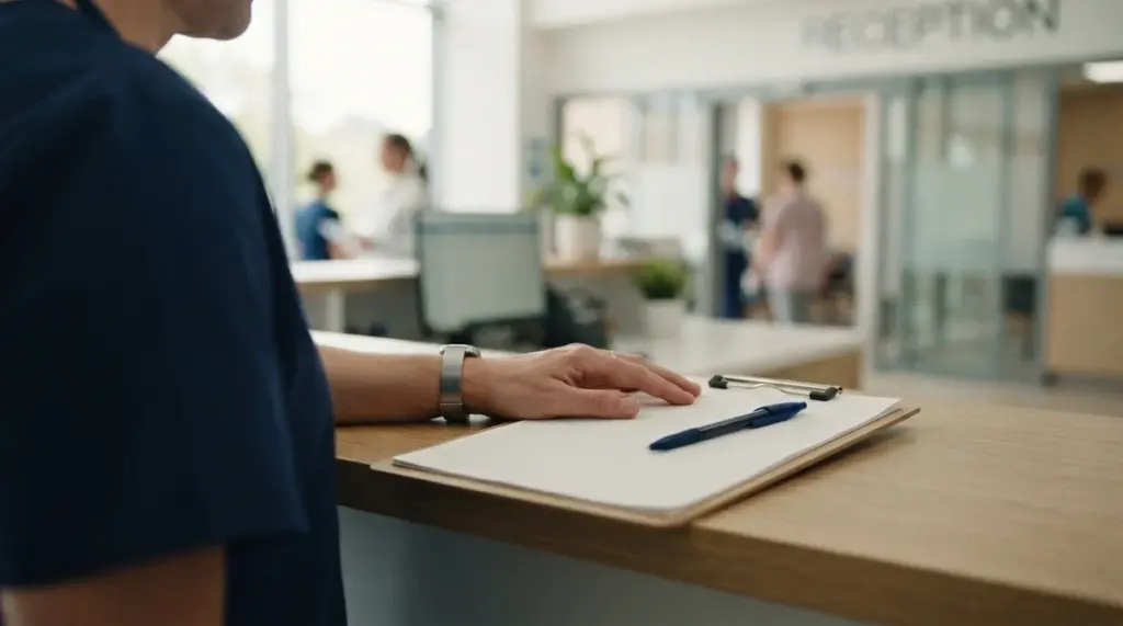 Un professionnel de santé pose une main sur un presse-papier avec un stylo à la réception d'un hôpital