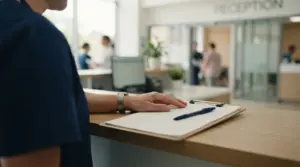 Un professionnel de santé pose une main sur un presse-papier avec un stylo à la réception d'un hôpital