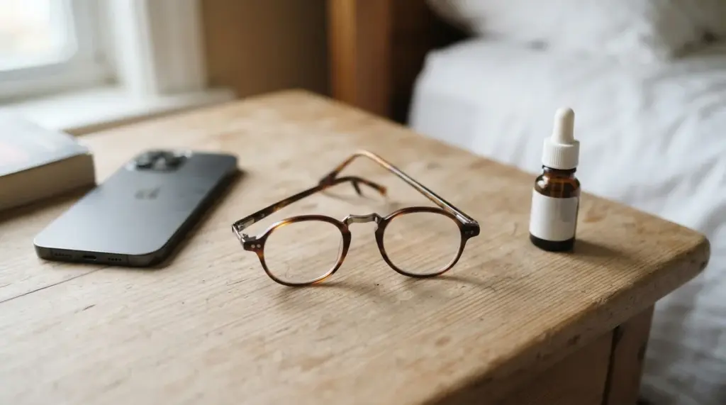 A pair of reading glasses rests on a light wooden bedside table, next to a small bottle of eye drops and a dark smartphone