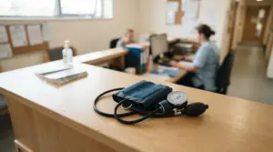 A blood-pressure cuff rests on a clean, light wooden counter in a medical reception area, bathed in soft