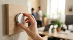 Une main ajuste un thermostat circulaire monté sur une plaque de bois dans un bureau flou