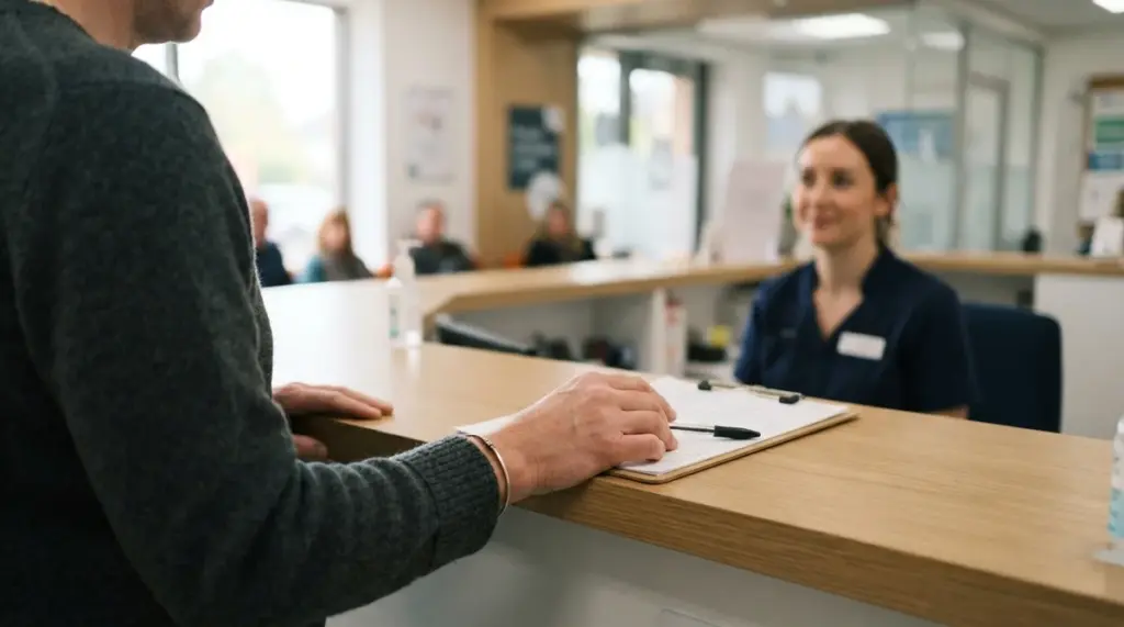 Une personne remplit un formulaire à la réception d'un cabinet médical face à une secrétaire souriante