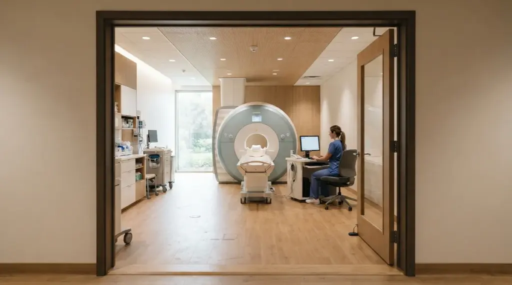 An imaging room seen from the doorway in a modern clinic