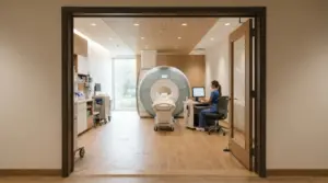 An imaging room seen from the doorway in a modern clinic