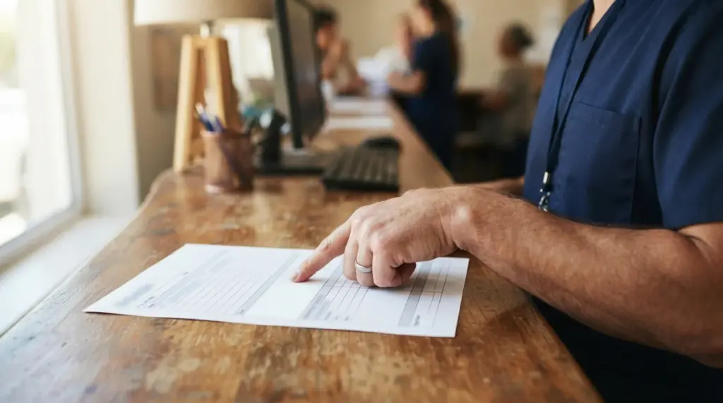 Un professionnel de santé pointe du doigt un formulaire médical sur un bureau en bois dans un environnement professionnel