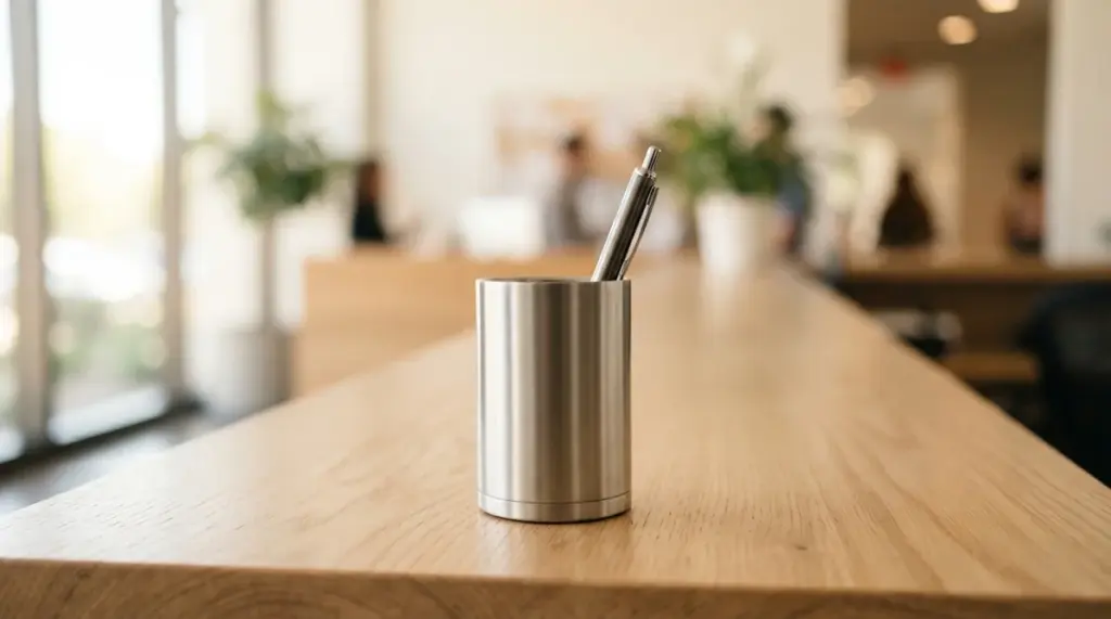 Un porte-stylo métallique contenant un stylo est posé sur un comptoir en bois dans un espace de bureau