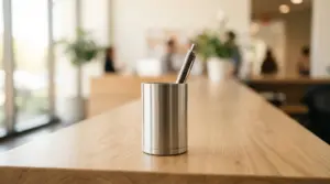 Un porte-stylo métallique contenant un stylo est posé sur un comptoir en bois dans un espace de bureau