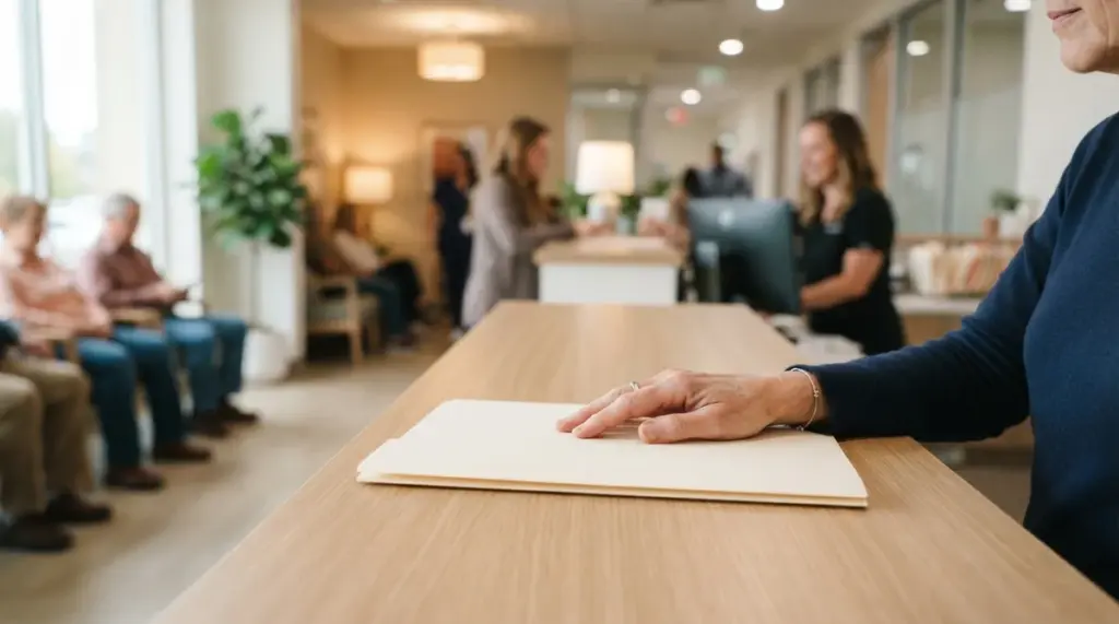 A patient's hand resting calmly on a plain, closed folder on a light wood reception counter