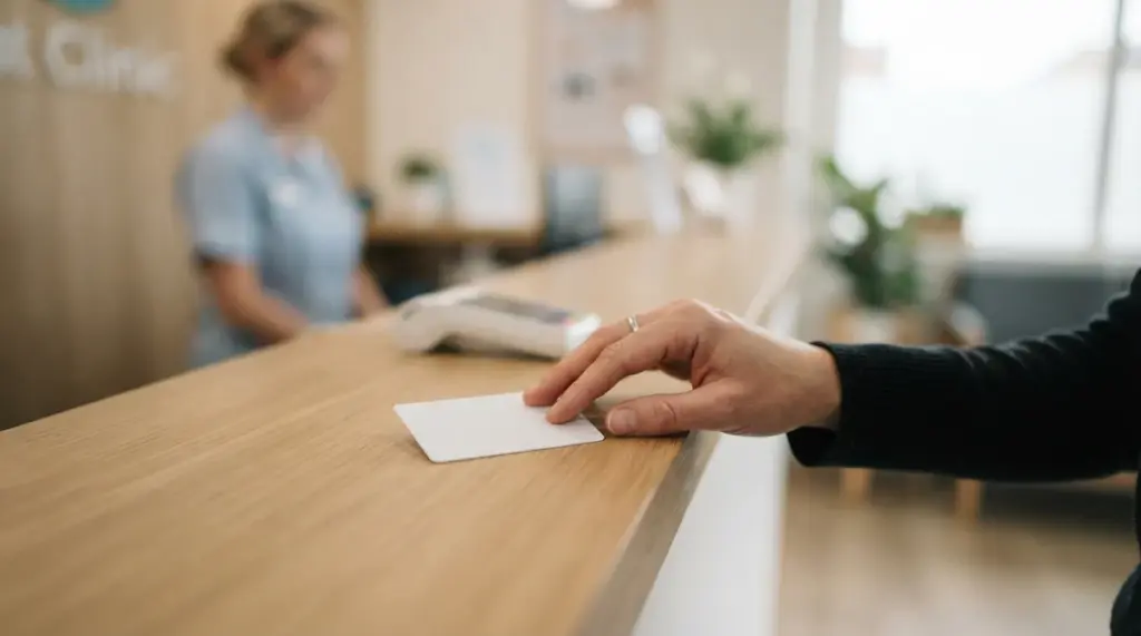 A patient's hand, calm and reassuring, gently places a plain, generic health card onto a clean
