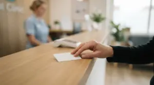 A patient's hand, calm and reassuring, gently places a plain, generic health card onto a clean